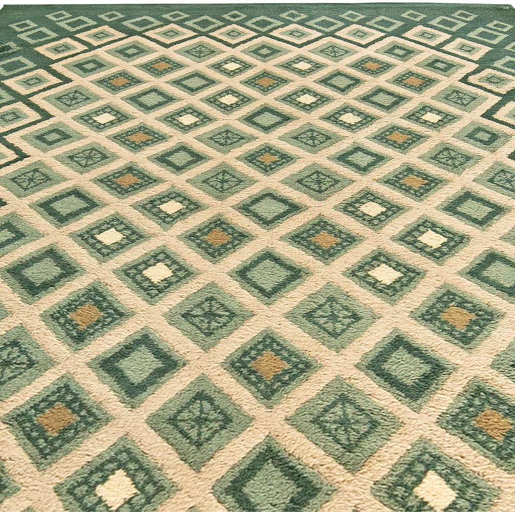 French Art Deco Green and White Handwoven Wool Rug by Paule Leleu BB6038