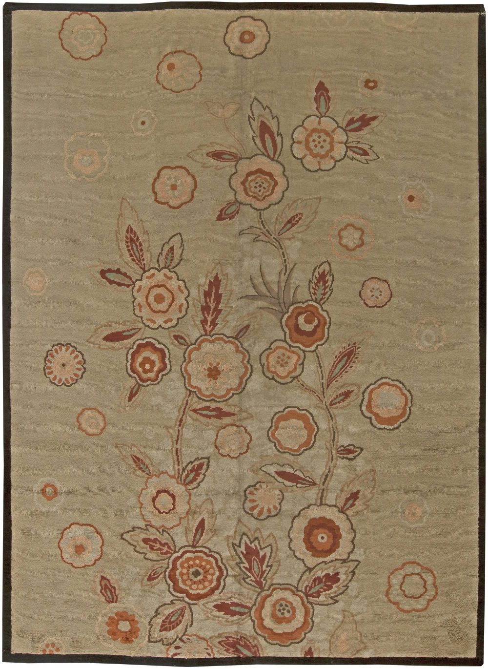 Art Deco Floral Brick Red, Orange and Taupe Handwoven Wool Rug BB6032