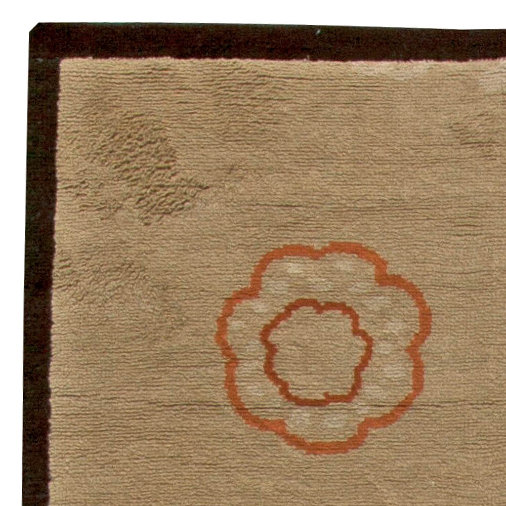 Art Deco Floral Brick Red, Orange and Taupe Handwoven Wool Rug BB6032