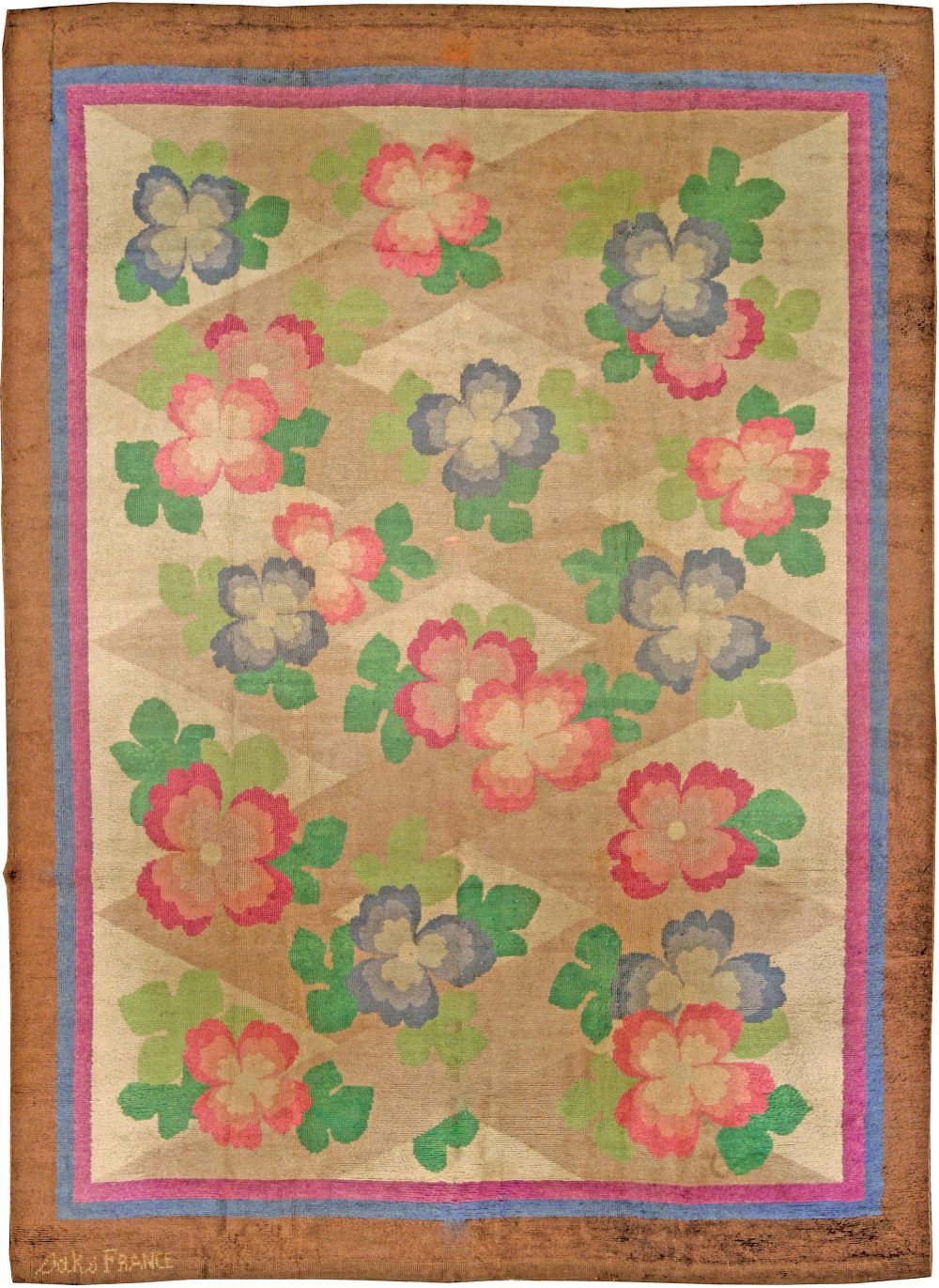 Vintage French Art Deco Green, Beige, Pink and Blue Floral Rug BB4340