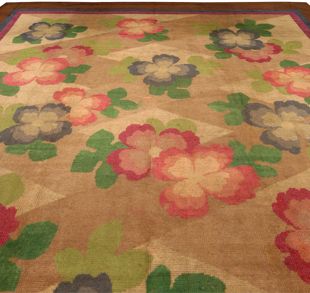 Vintage French Art Deco Green, Beige, Pink and Blue Floral Rug BB4340