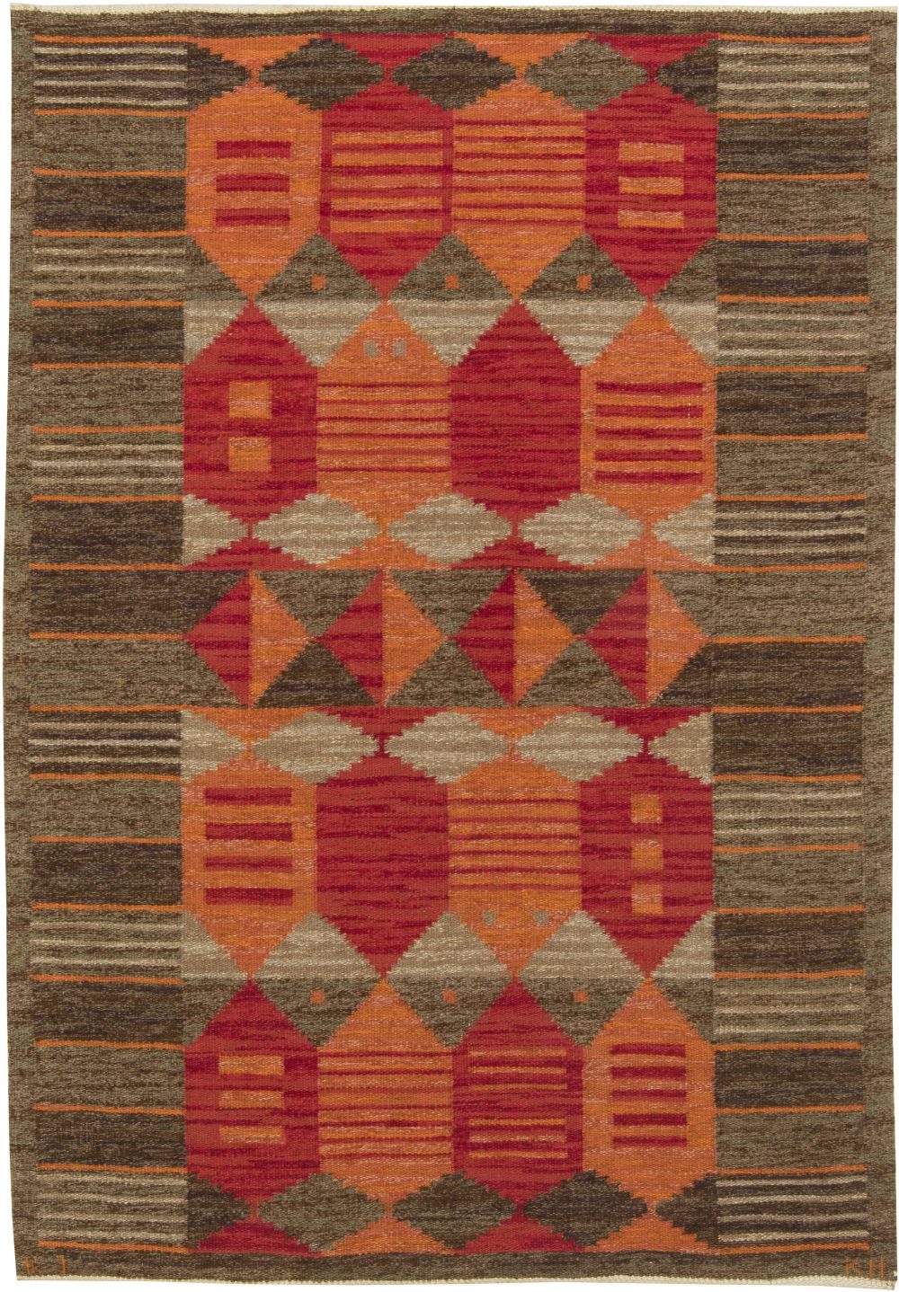 Midcentury Swedish Red, Orange and Brown Flat-Woven Rug by Karin Jönsson BB6427