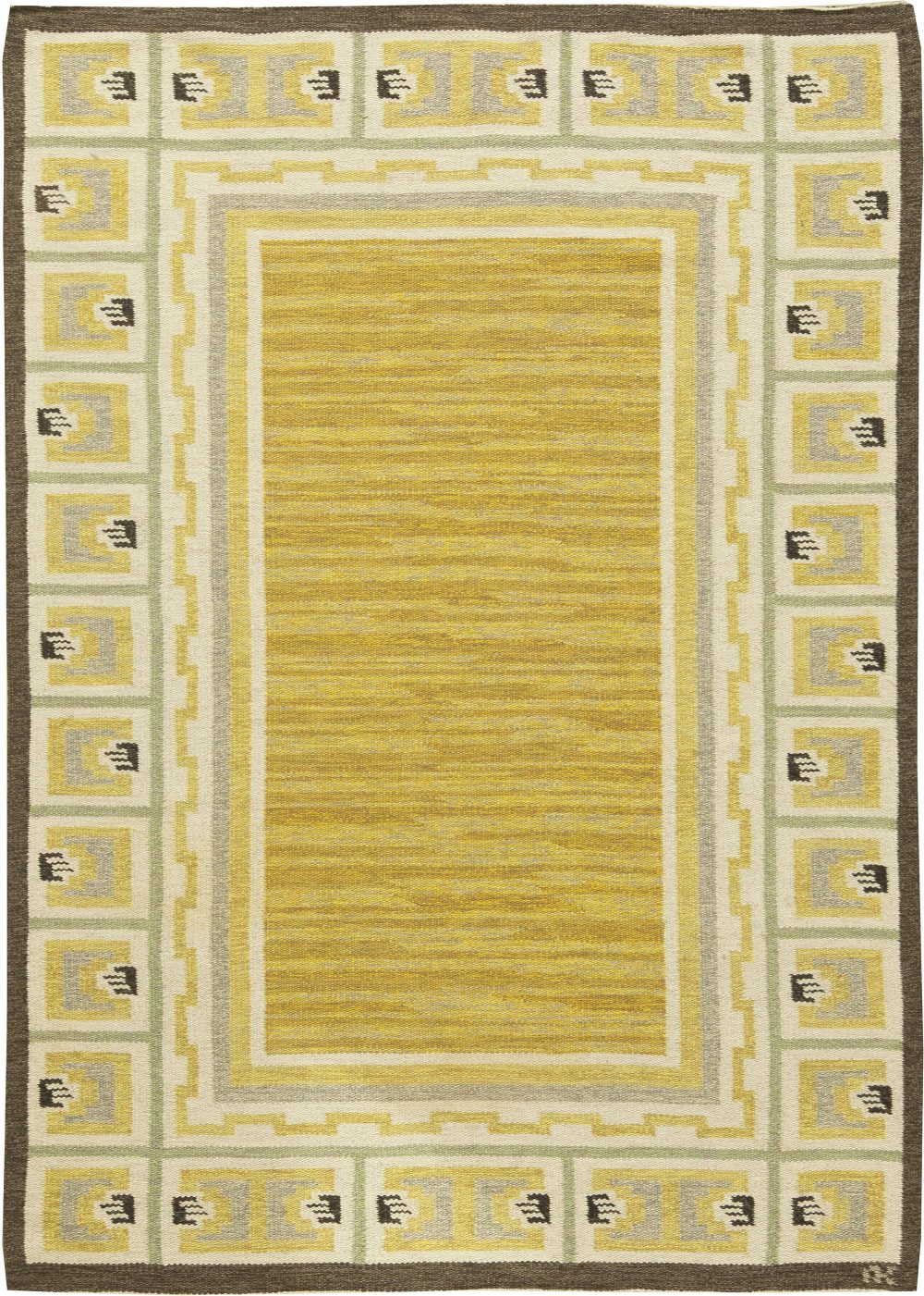 Midcentury Swedish Yellow and Brown Flat-Weave Wool Rug BB6156