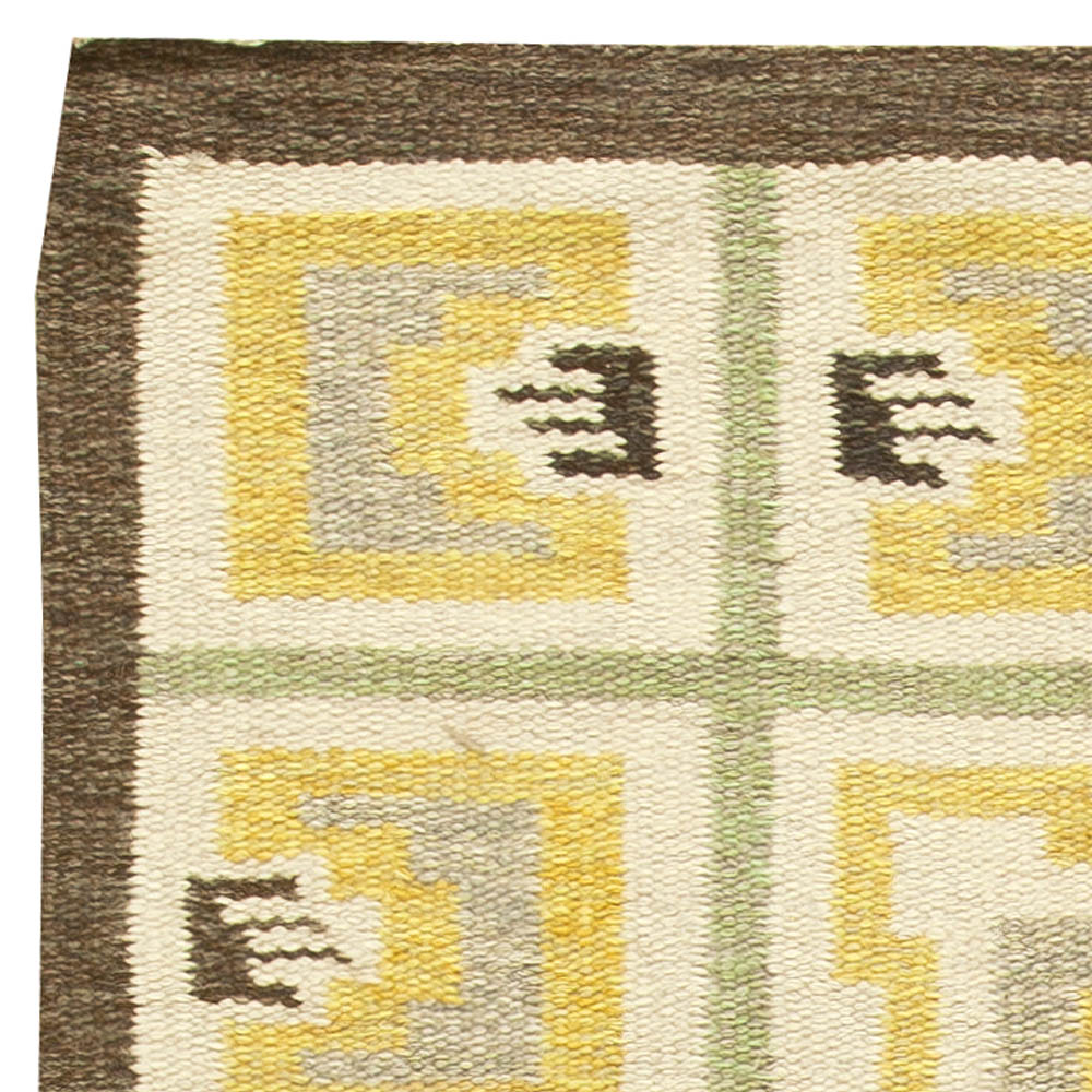 Midcentury Swedish Yellow and Brown Flat-Weave Wool Rug BB6156