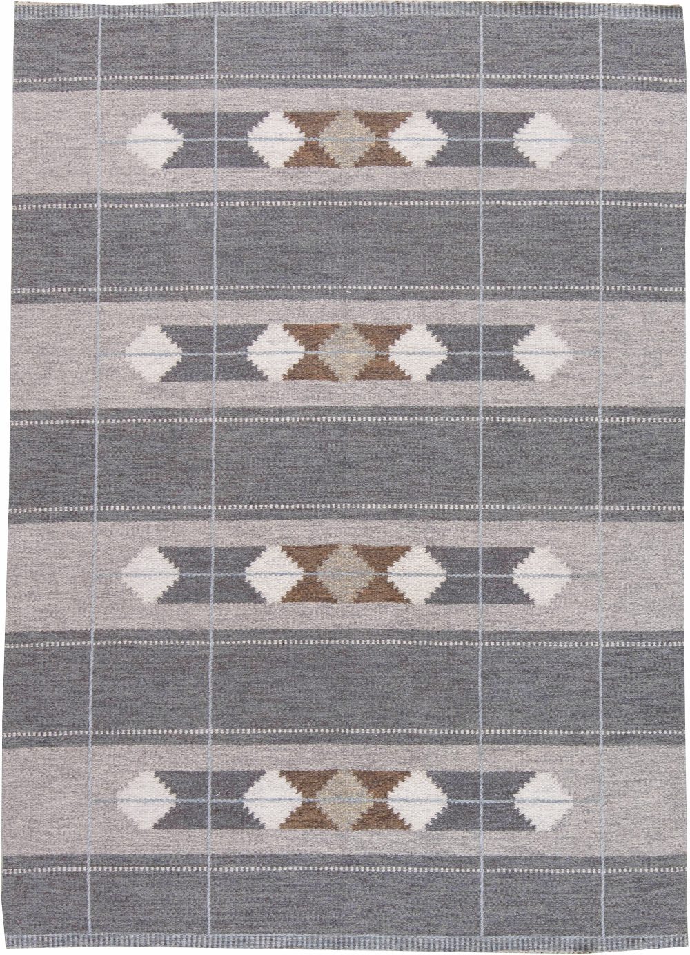 Swedish Midcentury Gray and Brown Flat-Weave Wool Rug BB6230