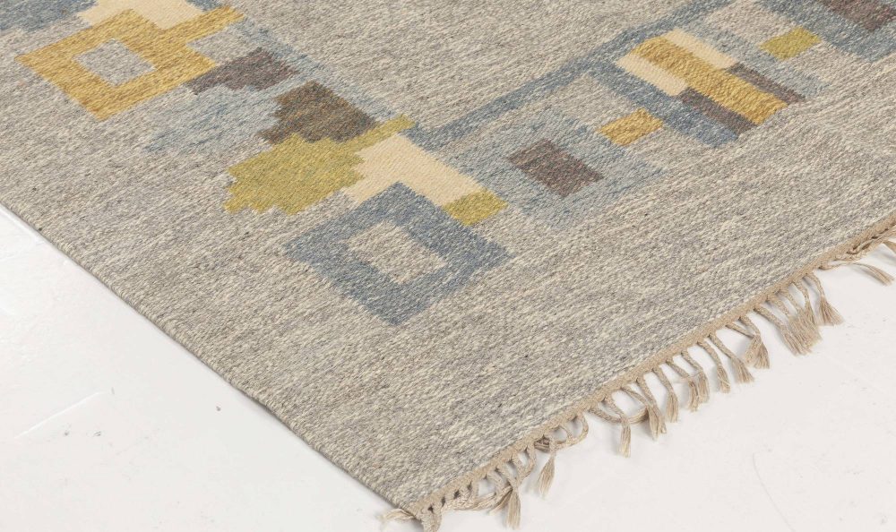 Swedish Midcentury Light Gray, Dusty Green and Mustard Flat-Weave Signed “JR” BB6564