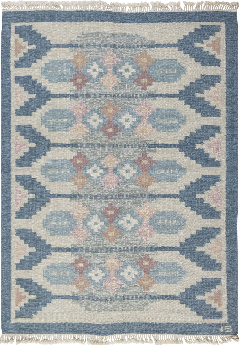 Vintage Swedish Rug by Ingegerd Silow, Woven Signature on Blue Border “IS” BB6561