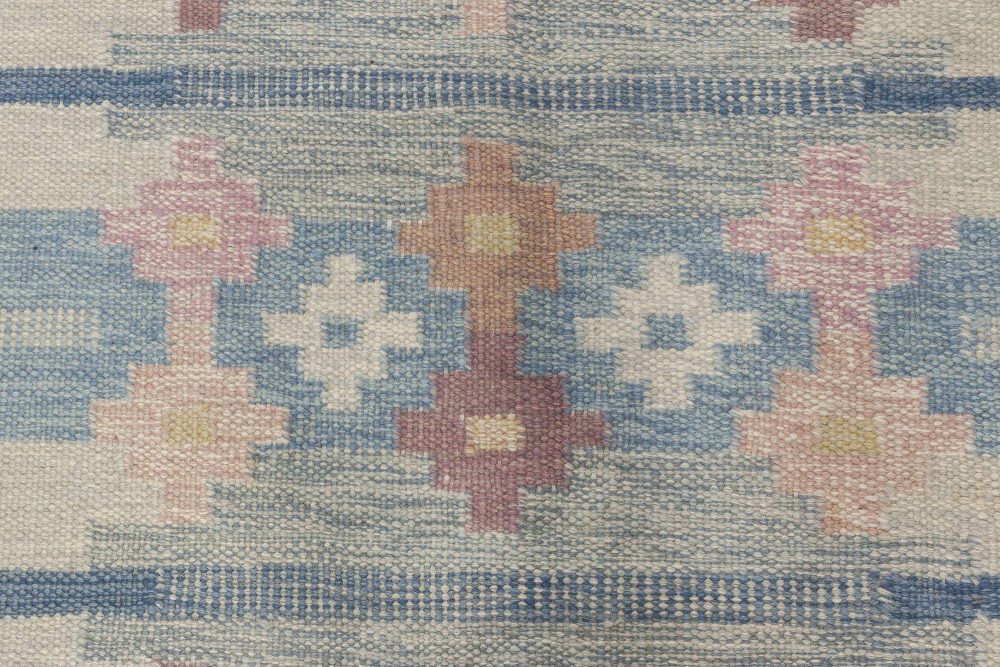 Vintage Swedish Rug by Ingegerd Silow, Woven Signature on Blue Border “IS” BB6561
