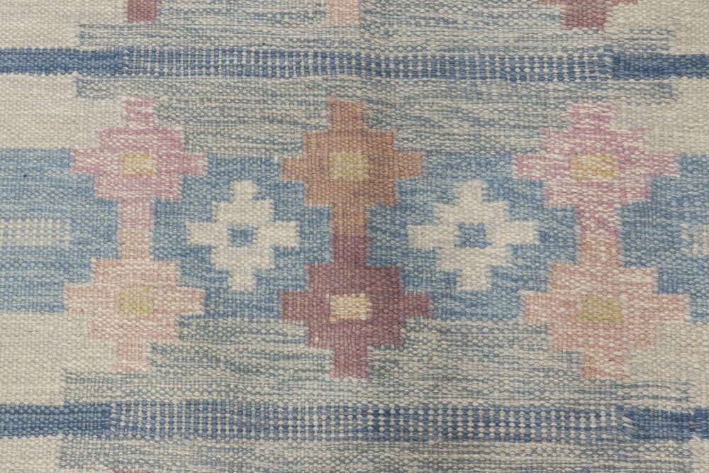 Vintage Swedish Rug by Ingegerd Silow, Woven Signature on Blue Border “IS” BB6561