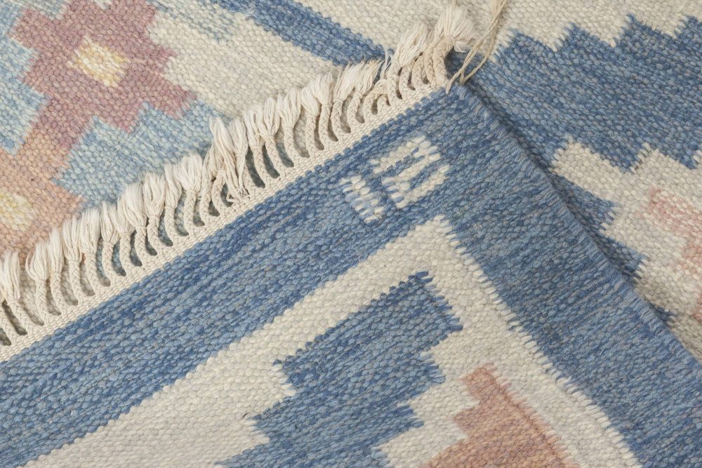 Vintage Swedish Rug by Ingegerd Silow, Woven Signature on Blue Border “IS” BB6561