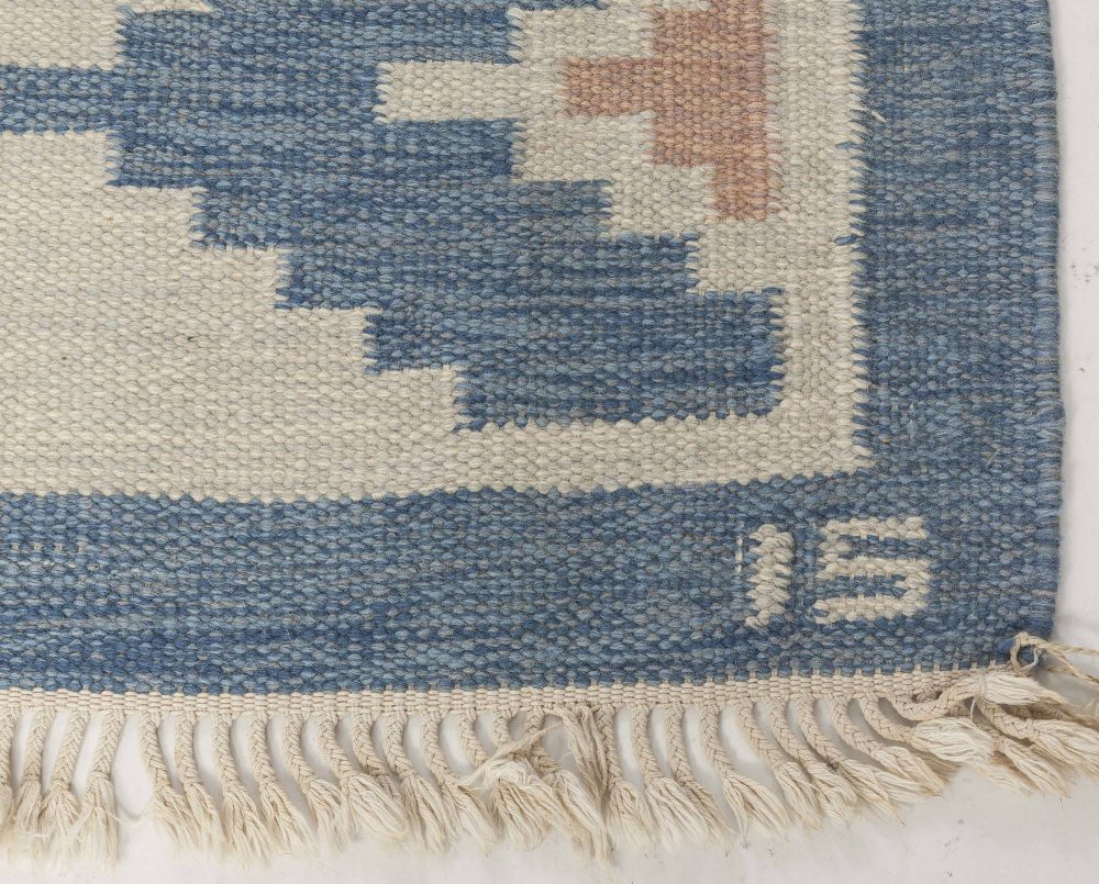 Vintage Swedish Rug by Ingegerd Silow, Woven Signature on Blue Border “IS” BB6561