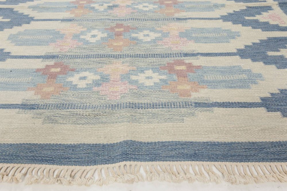 Vintage Swedish Rug by Ingegerd Silow, Woven Signature on Blue Border “IS” BB6561