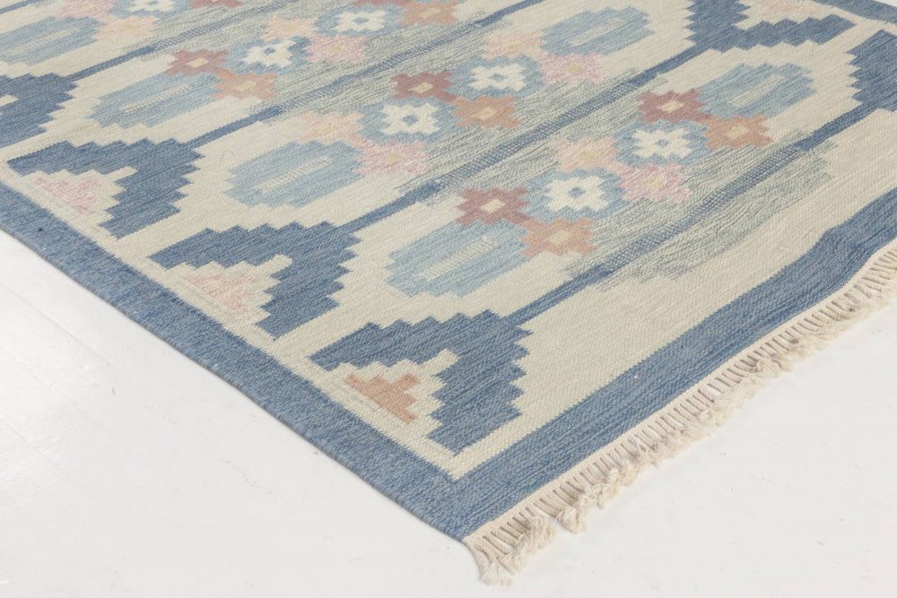 Vintage Swedish Rug by Ingegerd Silow, Woven Signature on Blue Border “IS” BB6561