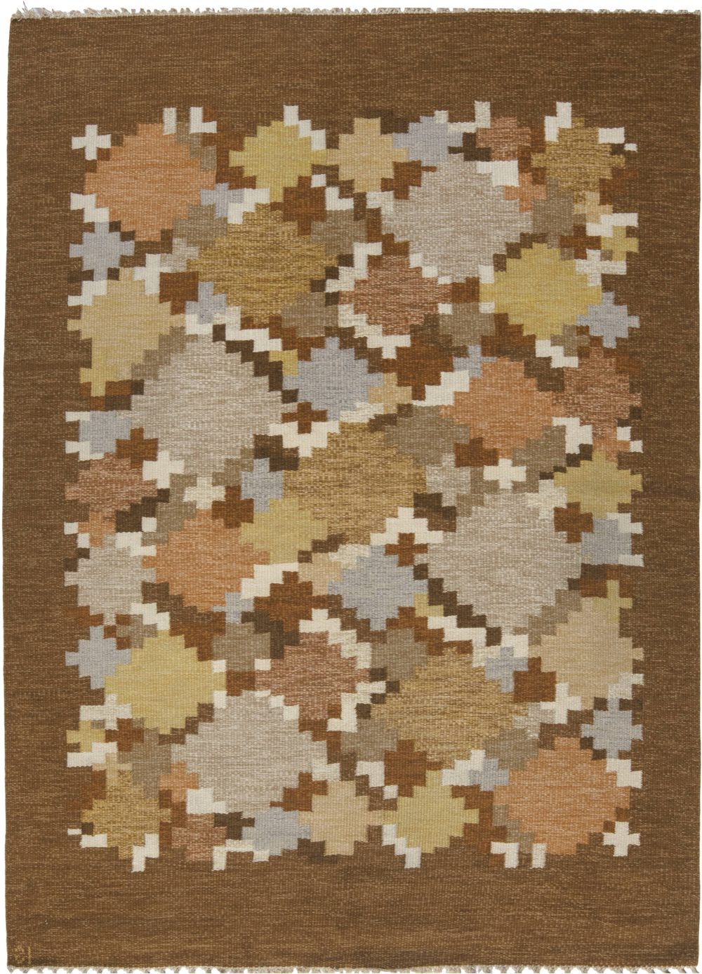 Mid-20th century Swedish Brown Beige Gray Blue Flat-Weave Rug by Ingegerd Silow BB6568