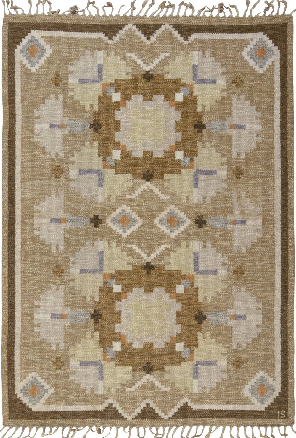 Mid-Century Swedish Rug in Shades of Brown by Ingegerd Silow. Woven signature to edge “IS” BB6575