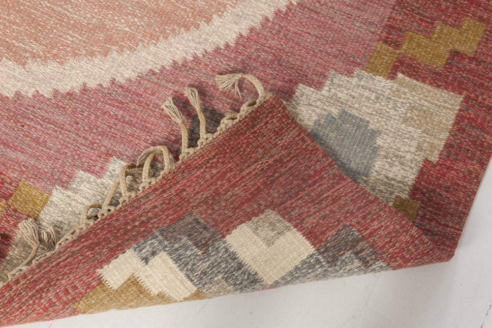 Mid-20th Century Pink, Red, Gray Swedish Flat-Weave Rug Signed by Ingegerd Silow BB6557