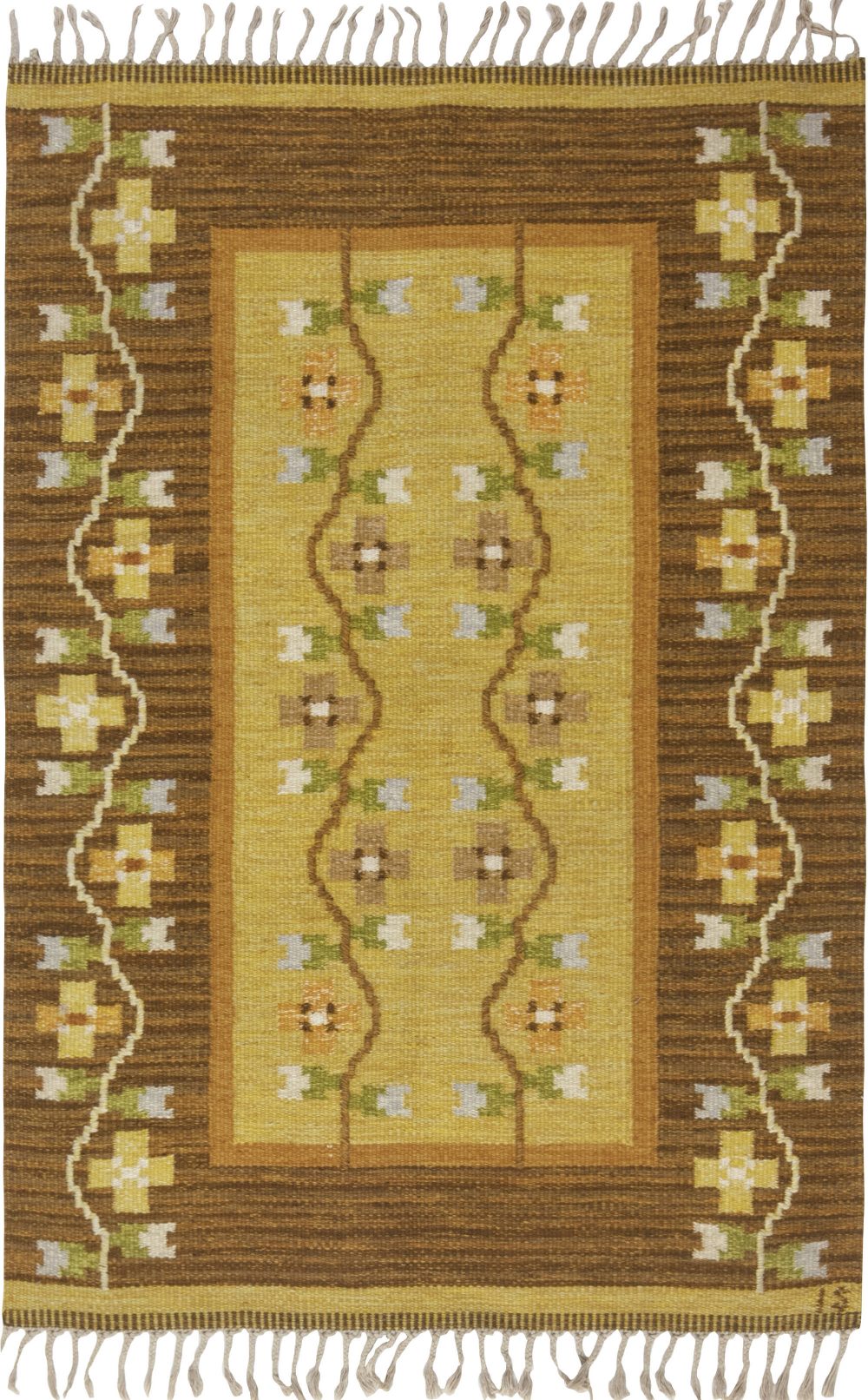 Swedish Brown and Yellow Flat-Weave Wool Rug Signed by Ingegerd Silow BB6541