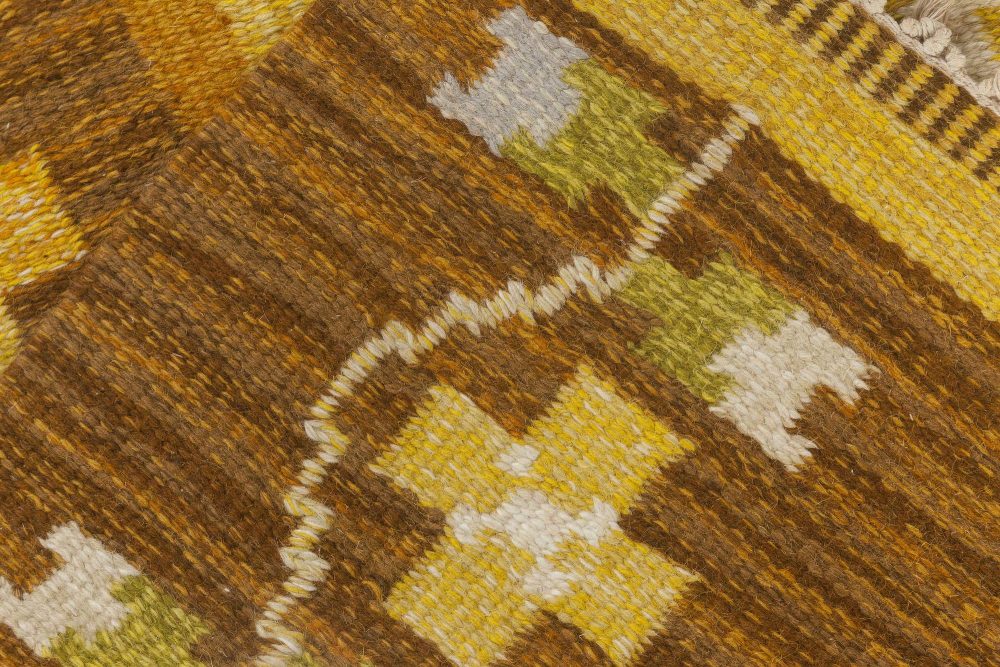 Swedish Brown and Yellow Flat-Weave Wool Rug Signed by Ingegerd Silow BB6541