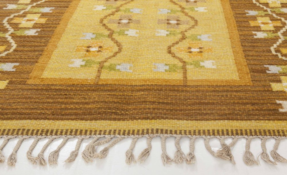 Swedish Brown and Yellow Flat-Weave Wool Rug Signed by Ingegerd Silow BB6541