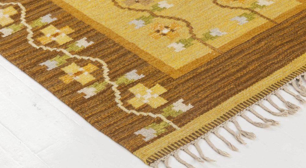 Swedish Brown and Yellow Flat-Weave Wool Rug Signed by Ingegerd Silow BB6541