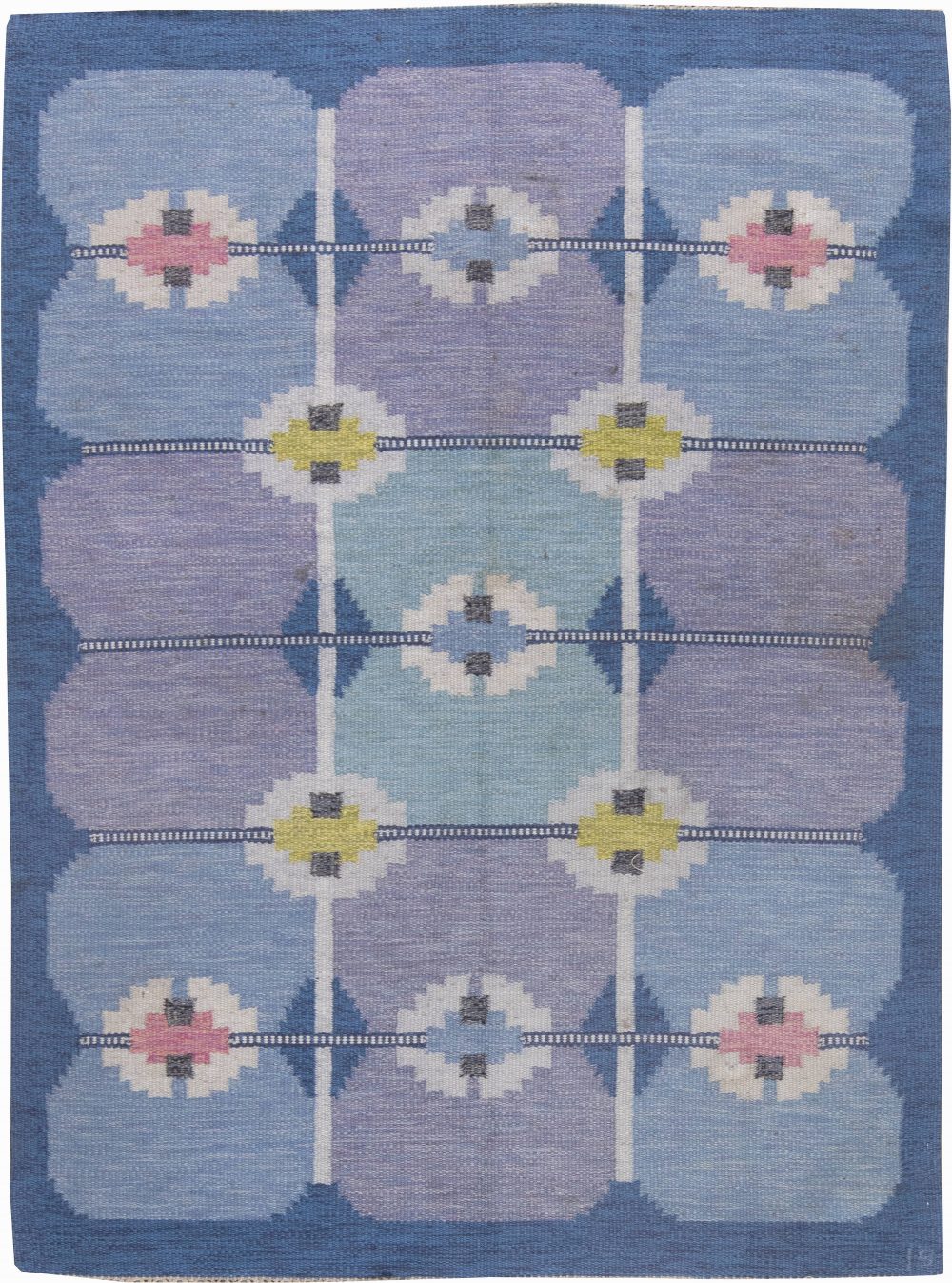 Vintage Mid-Century Swedish Rug by Ingegerd Silow in Jewel Tones of Pink, Lavender, and Blue. Woven signature to edge “IS” BB6227