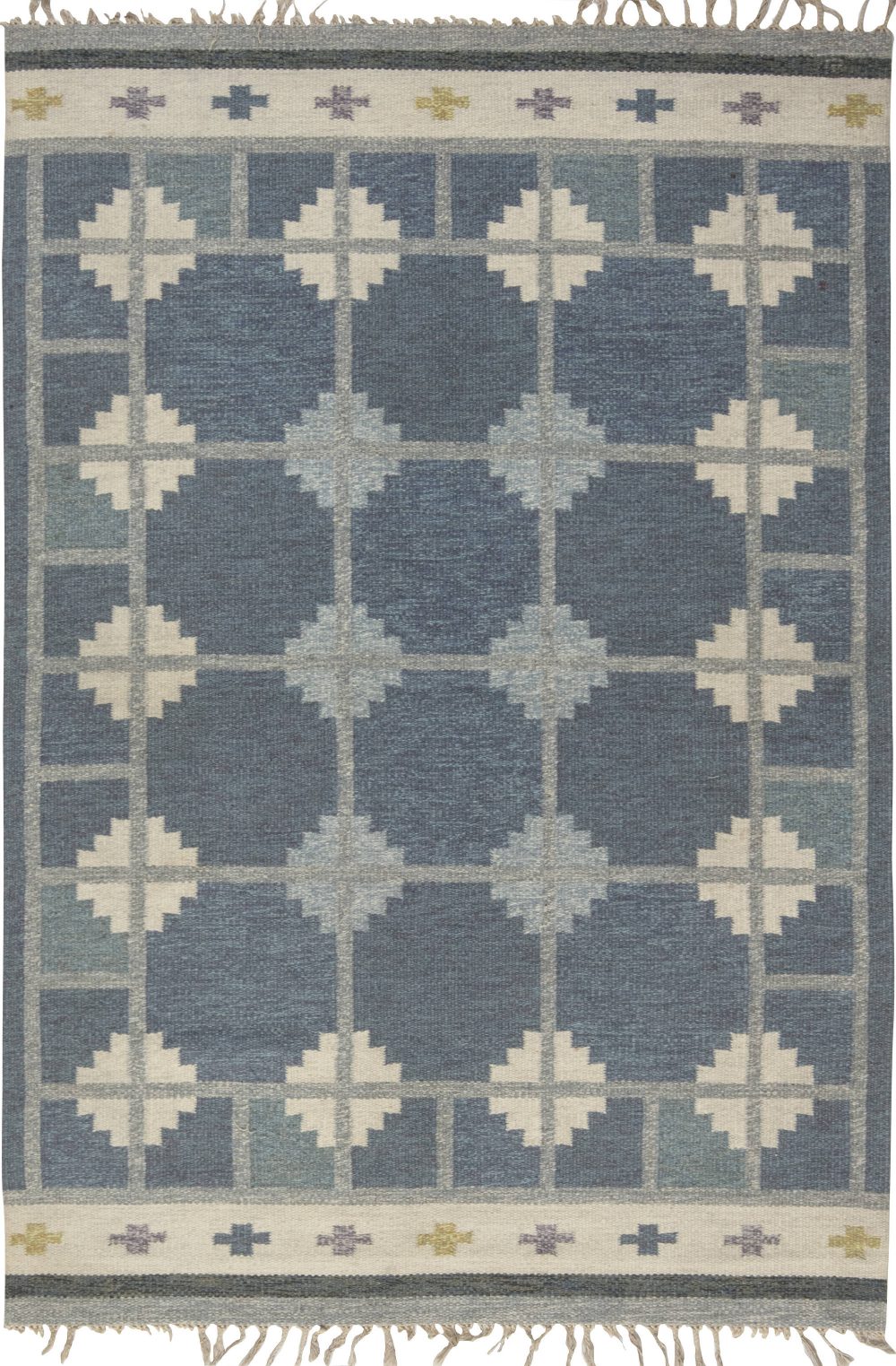 Mid-20th Century Blue, Gray, Ivory Swedish “Snowflake” Rug by Ingegerd Silow BB6556