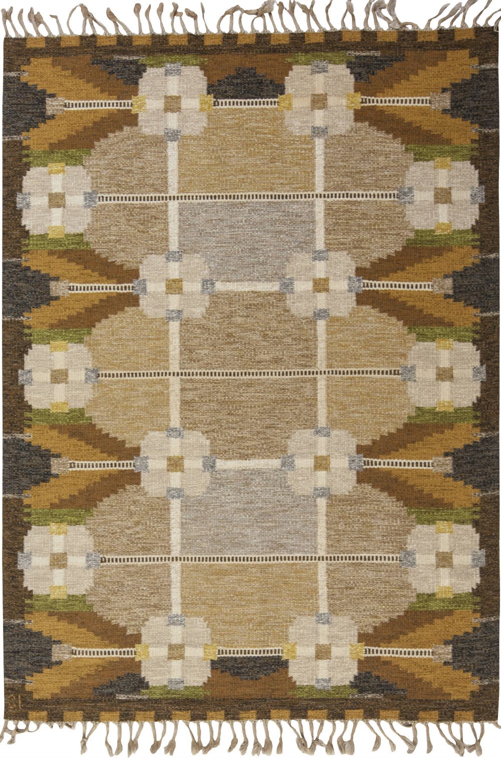 Midcentury Swedish Beige, Brown, Olive and Yellow Rug Signed by Ingegerd Silow BB6558