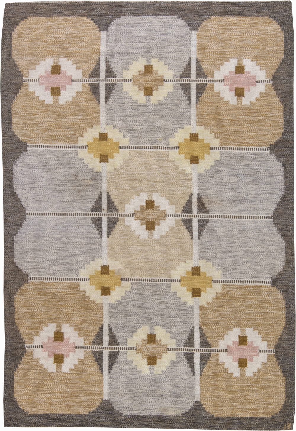 Mid-Century Swedish Rug by Ingegerd Silow in Caramel, Amber, Pink, Grey, Ivory, and Walnut. Woven signature “IS” BB6228