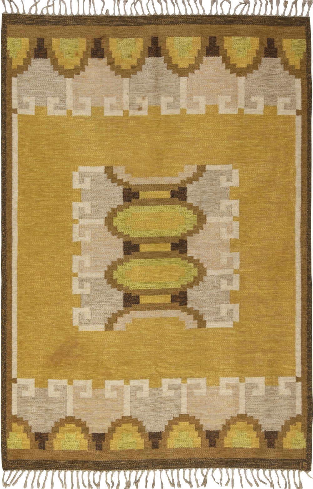 Mid-20th century Swedish Yellow, Brown & Beige Flat-Weave Rug by Ingegerd Silow BB6538