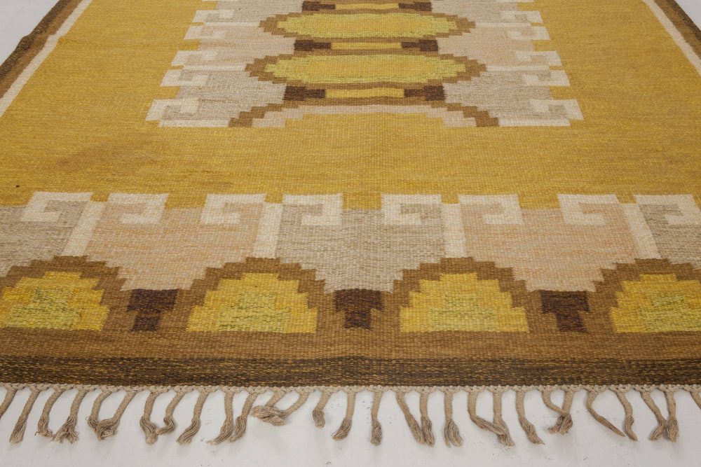 Mid-20th century Swedish Yellow, Brown & Beige Flat-Weave Rug by Ingegerd Silow BB6538