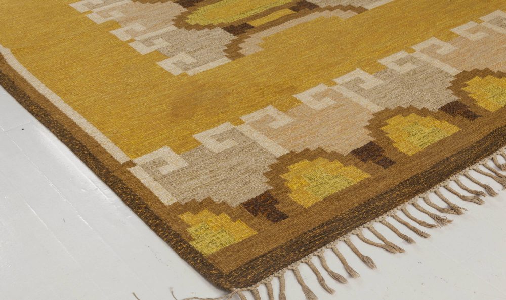Mid-20th century Swedish Yellow, Brown & Beige Flat-Weave Rug by Ingegerd Silow BB6538