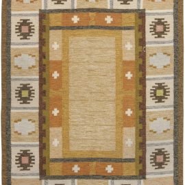 Mid-Century Swedish Geometric Warm Tan Flatweave Wool Carpet By Ingegerd Silow BB6542