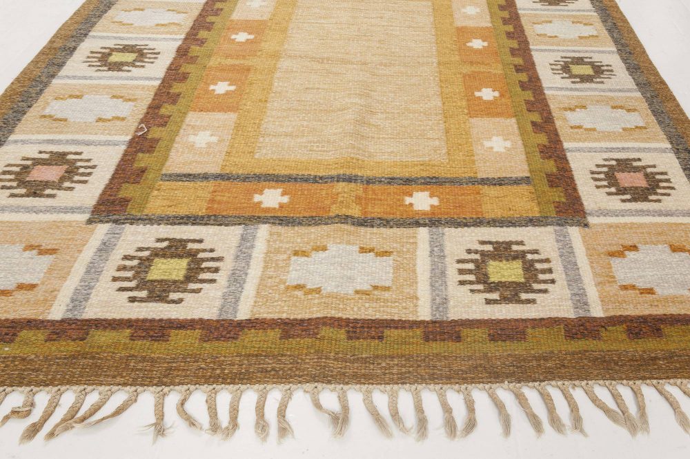 Mid-20th Century Swedish Brown, Yellow Flat-Weave Rug Signed by Ingegerd Silow BB6542
