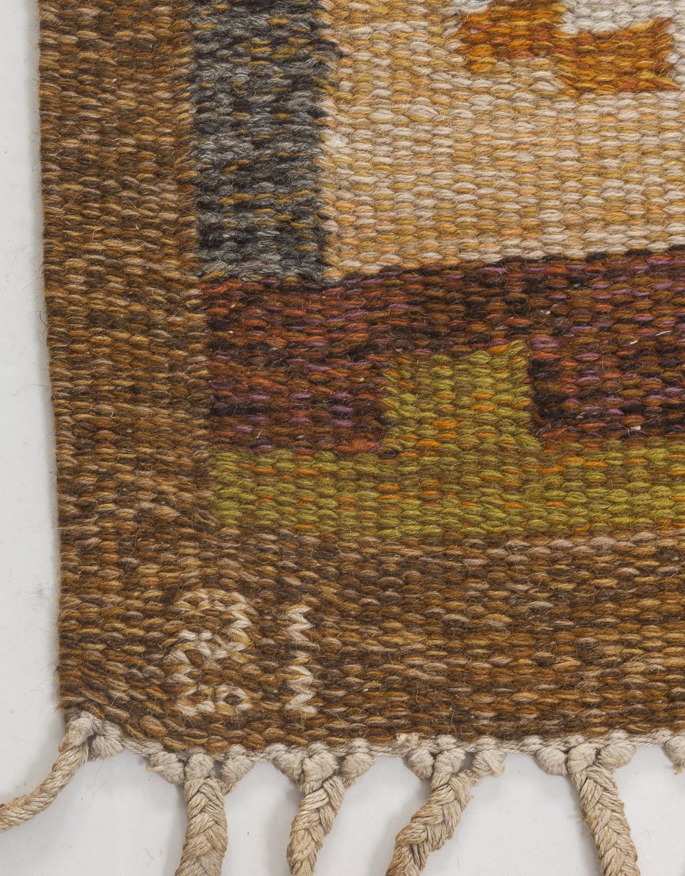 Mid-20th Century Swedish Brown, Yellow Flat-Weave Rug Signed by Ingegerd Silow BB6542