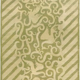 Vintage French Art Deco Abstract Light Beige And Olive Hand-Knotted Wool Rug BB4961