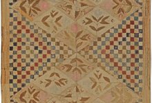 Mid-20th century Botanic Motifs on Checkered Beige Background <mark class='searchwp-highlight'>Hooked</mark> Wool Rug BB3025