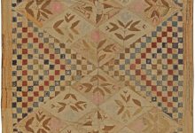 Mid-20th century Botanic Motifs on Checkered Beige Background <mark class='searchwp-highlight'>Hooked</mark> Wool Rug BB3025