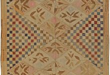 Mid-20th century Botanic Motifs on Checkered Beige Background Hooked Wool Rug BB3025