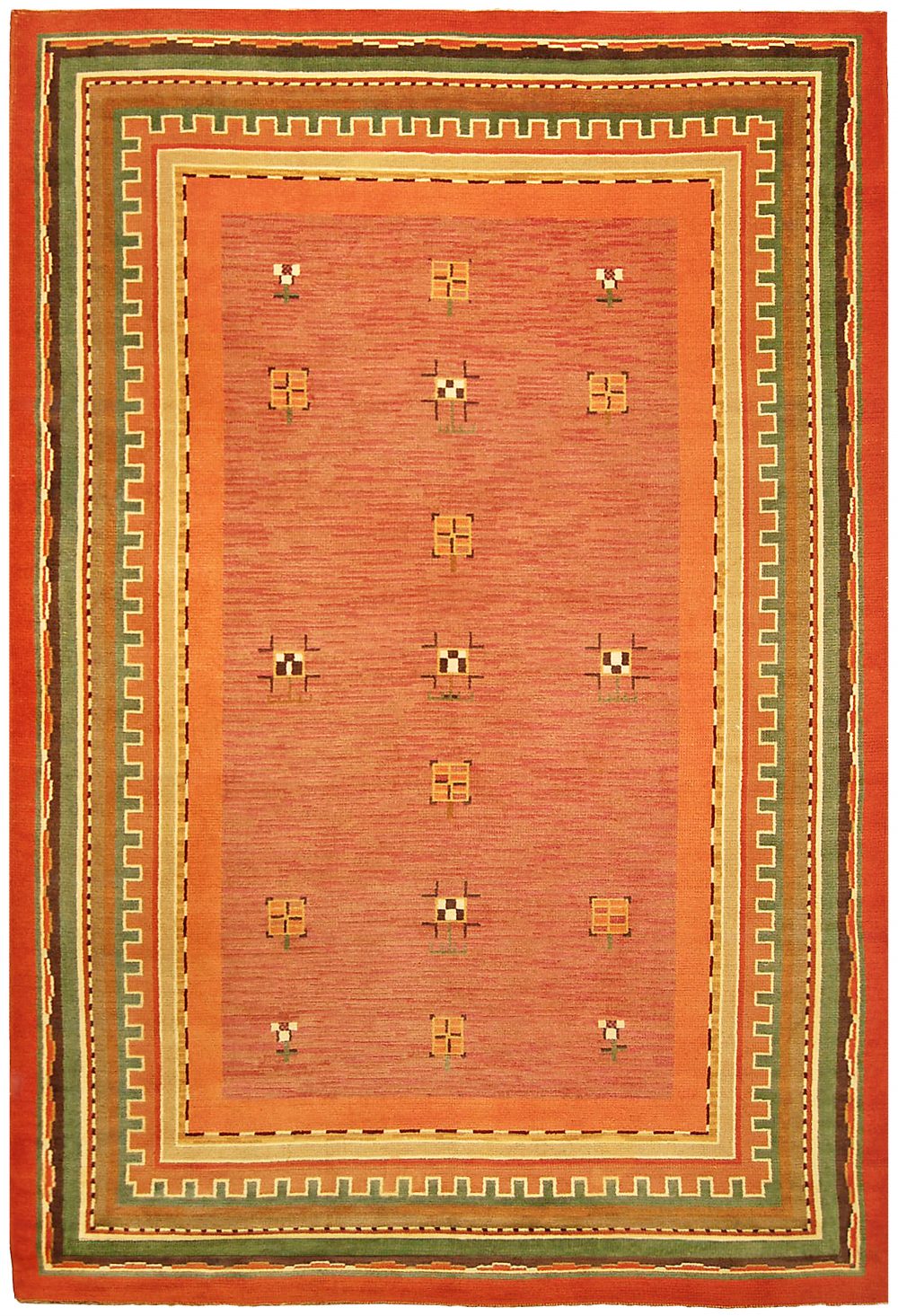 Swedish Mid Century Green and Salmon Handwoven Wool Rug BB4791