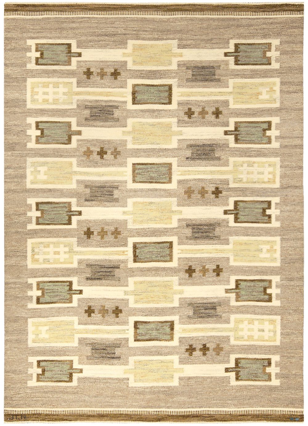 Mid-20th century Swedish Beige, Blue, White and Brown Handwoven Wool Rug BB4985