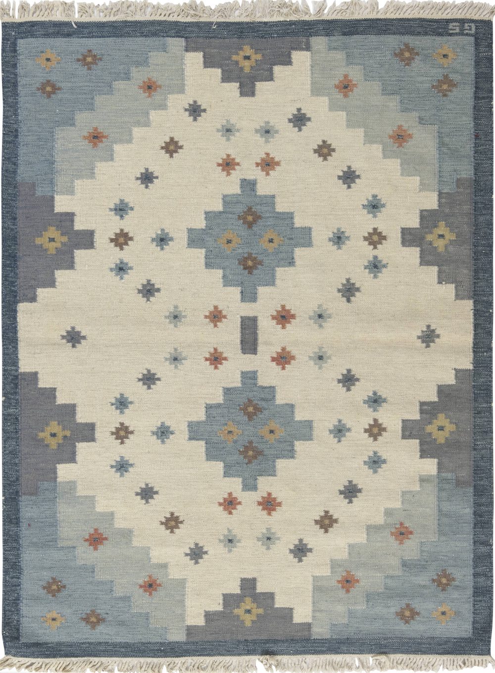 Snowflake Mid-Century Swedish Rug in Blue, Grey, White, and Rust – by Sverker Greuholm BB6554