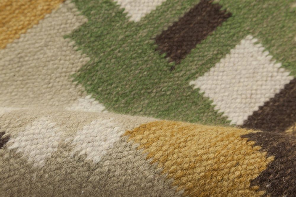 Mid-20th Century Swedish Brown, Gray, Green, Yellow Flat-Weave Rug Signed “W” BB6544
