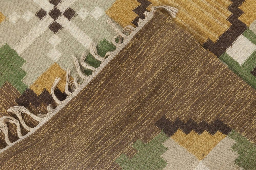 Mid-20th Century Swedish Brown, Gray, Green, Yellow Flat-Weave Rug Signed “W” BB6544