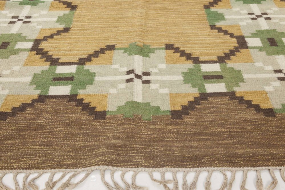 Mid-20th Century Swedish Brown, Gray, Green, Yellow Flat-Weave Rug Signed “W” BB6544