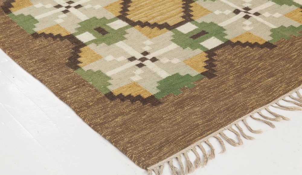 Mid-20th Century Swedish Brown, Gray, Green, Yellow Flat-Weave Rug Signed “W” BB6544