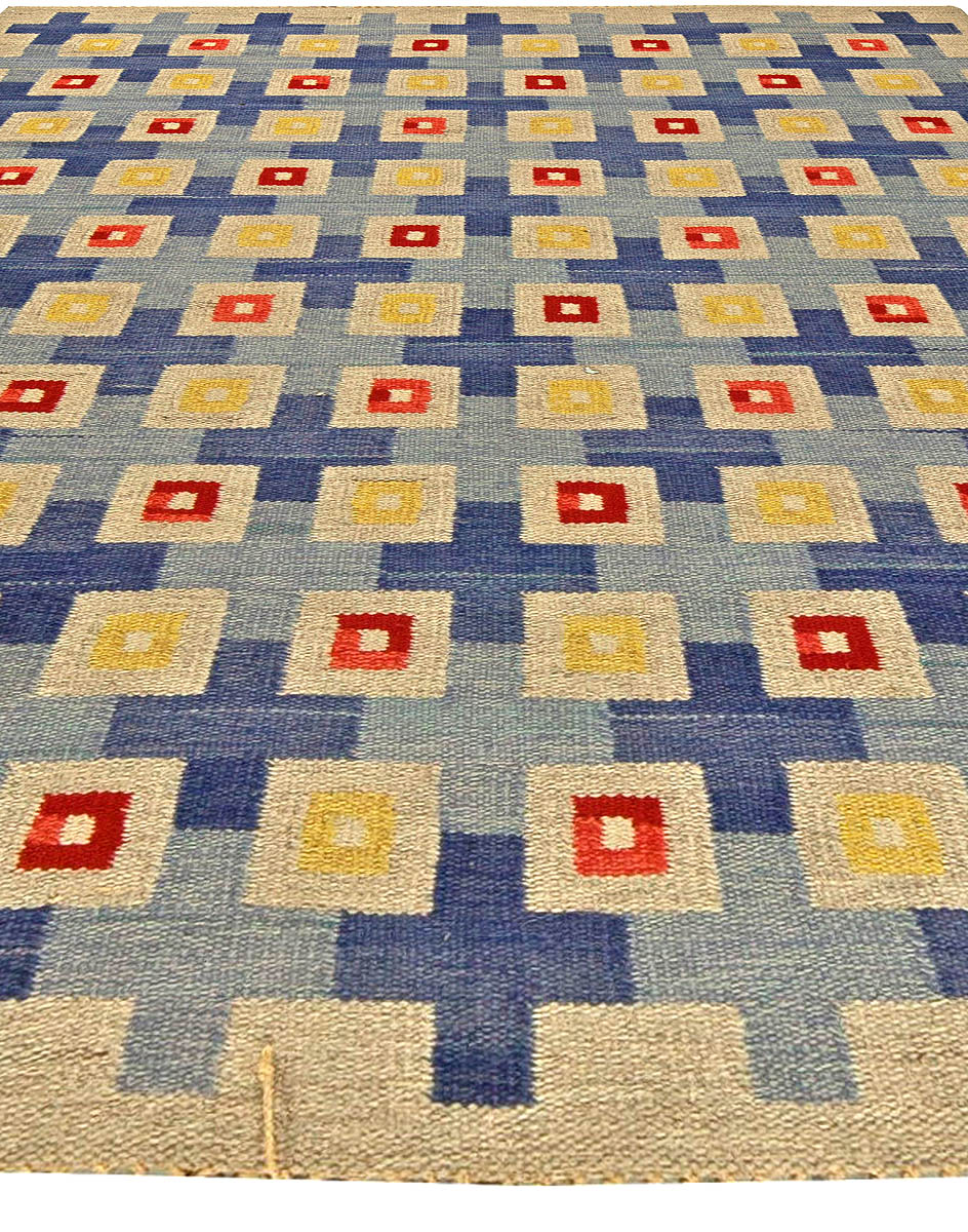 Midcentury Swedish Blue, Red, Yellow and Beige Flat-Woven Wool Rug BB5802