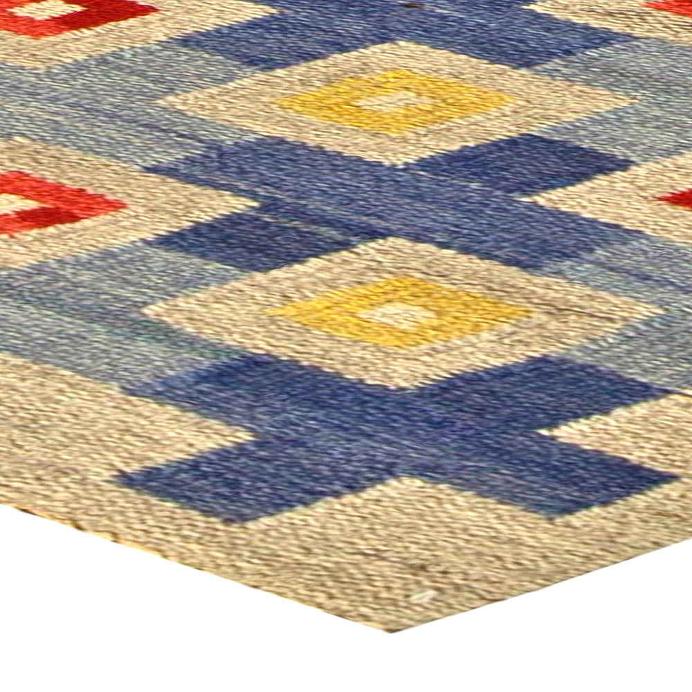 Midcentury Swedish Blue, Red, Yellow and Beige Flat-Woven Wool Rug BB5802