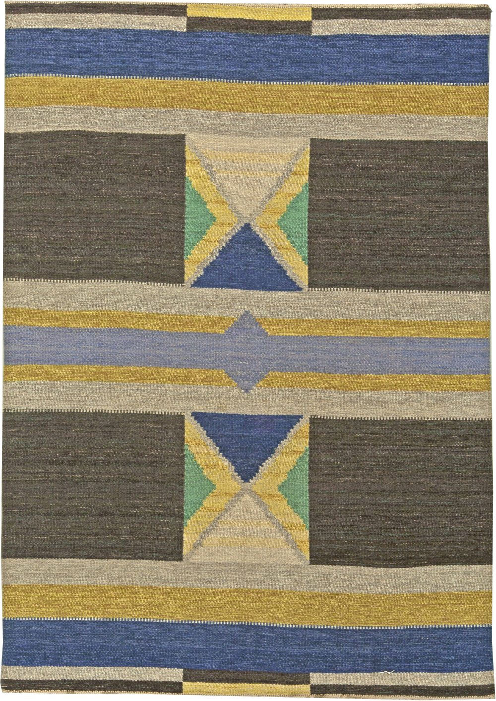 Mid-century Swedish Blue, Yellow, Brown and Green Flat-Weave Wool Rug BB5826