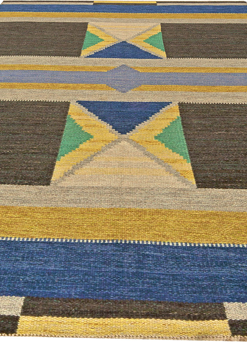 Mid-century Swedish Blue, Yellow, Brown and Green Flat-Weave Wool Rug BB5826
