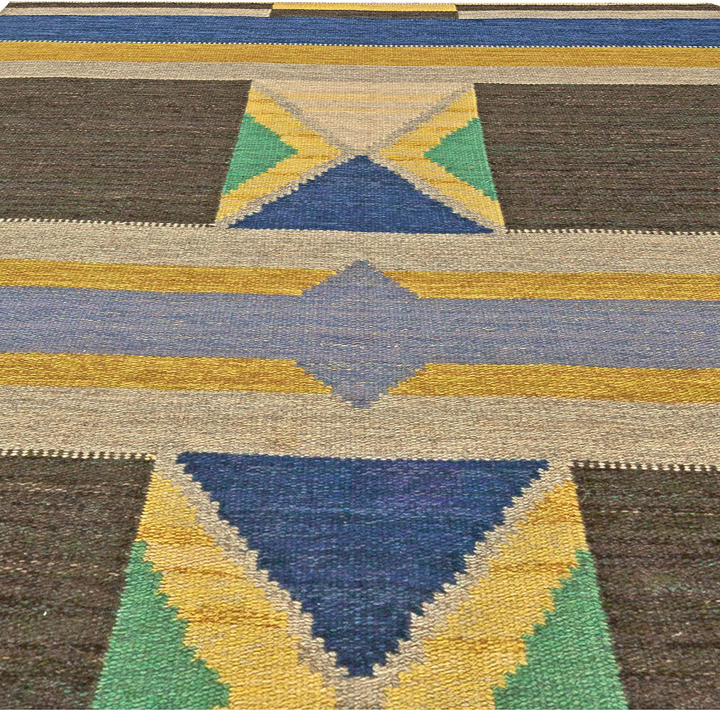 Mid-century Swedish Blue, Yellow, Brown and Green Flat-Weave Wool Rug BB5826